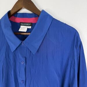 Ulla Popken Top Tunic Womens 24/26 Plus Blue Button Up Long Sleeve Shirt Blouse